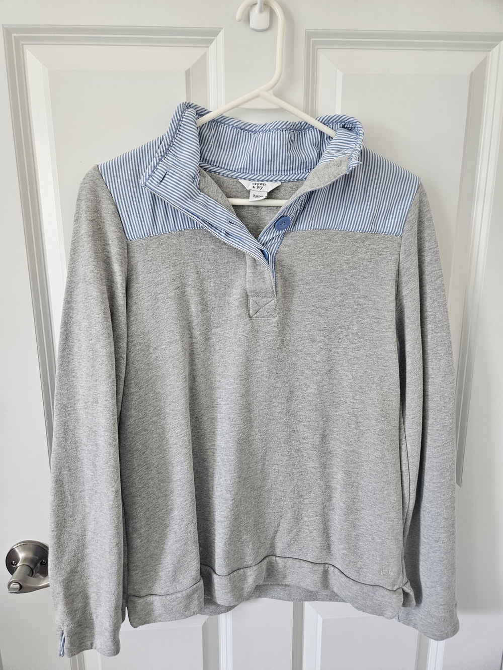 crown & ivy Grey Pullover with Blue Stripe Collar